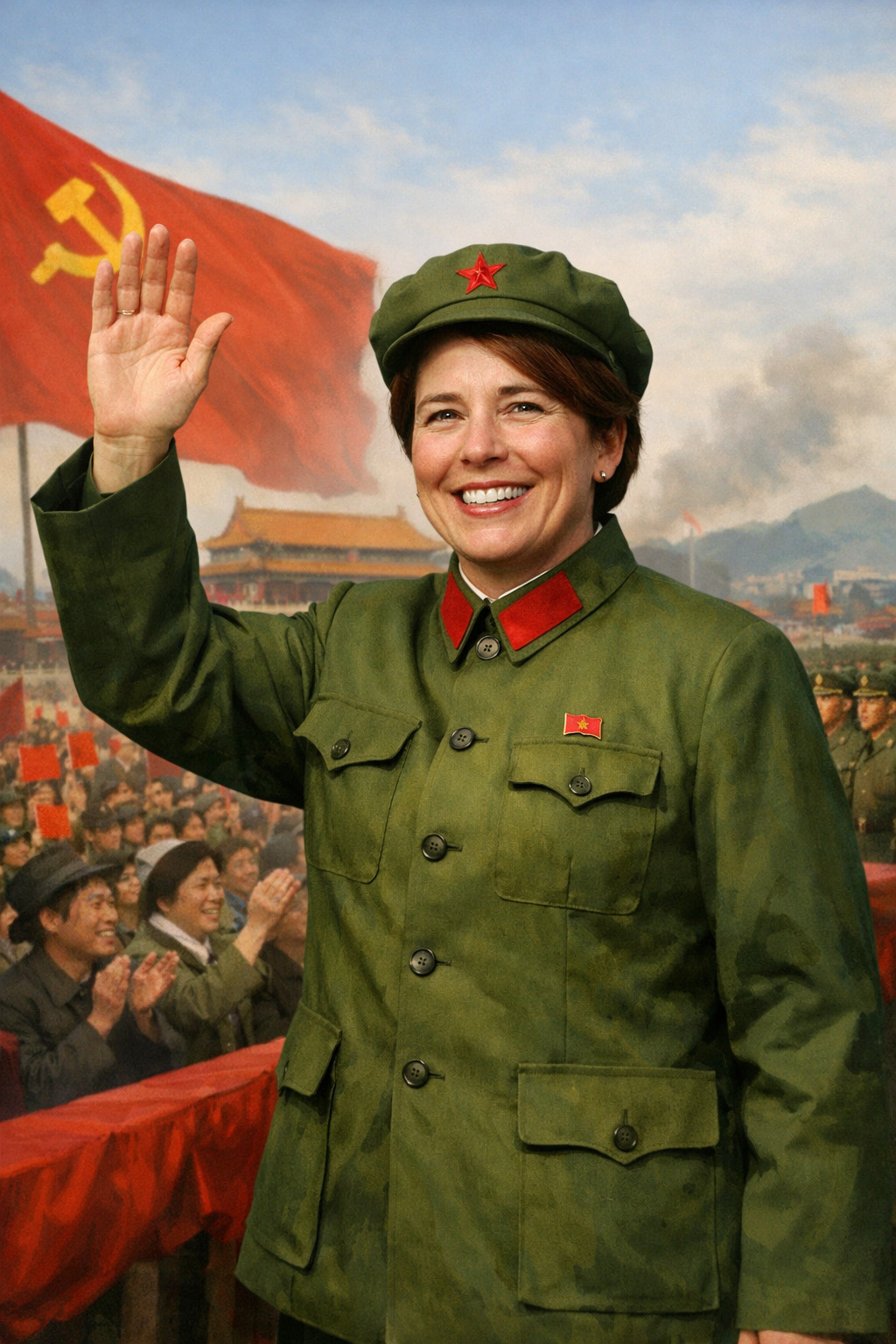 Satirical depiction of Gov. Maura Healey in Chairman Mao waving pose – symbolizing demands for transparency over unaccountable authority